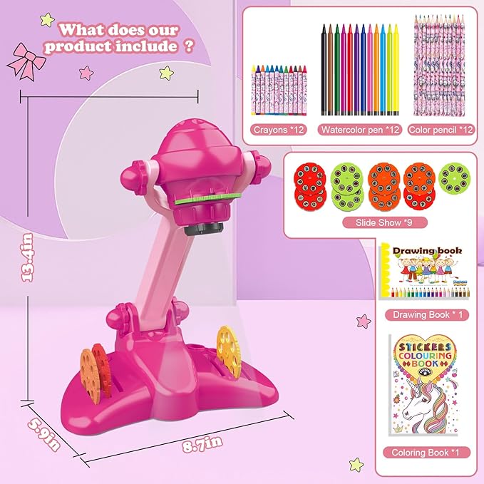 Hoarosall Drawing Projector for Kids, Art and Craft Kit, Toys for Girls Aged 3+, Drawing Supplies, Including Colored Pencils, Crayons, Coloring Books, Gift for 3+ Year Old Girls (Rose Red)