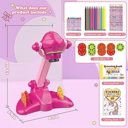 Hoarosall Drawing Projector for Kids, Art and Craft Kit, Toys for Girls Aged 3+, Drawing Supplies, Including Colored Pencils, Crayons, Coloring Books, Gift for 3+ Year Old Girls (Rose Red)