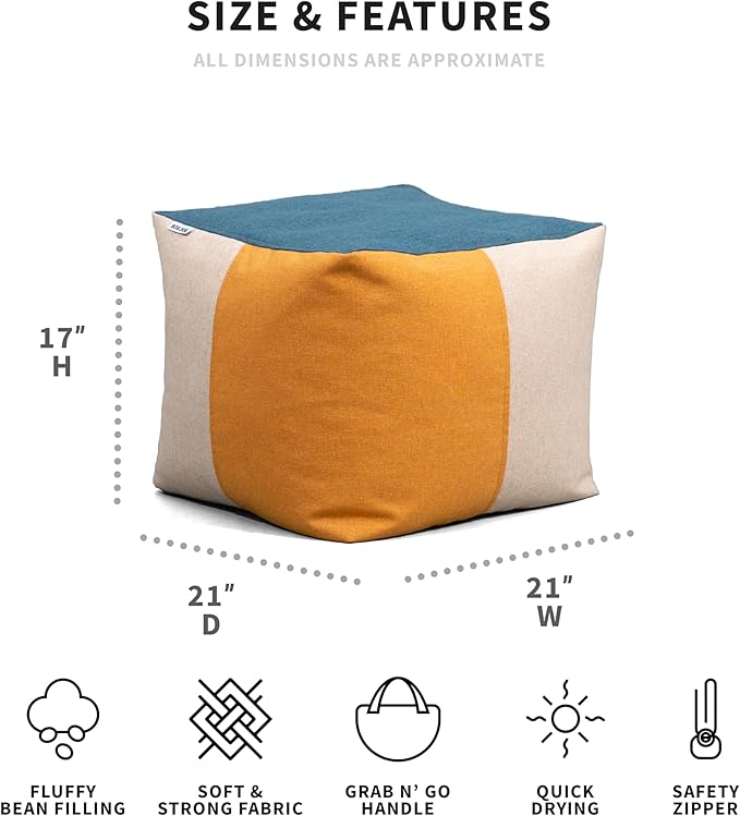 Big Joe Square Ottoman Weatherproof Bean Bag Footrest, Sunset Block Intertwist, Weather Resistant UV-Protected Fabric, 2 feet