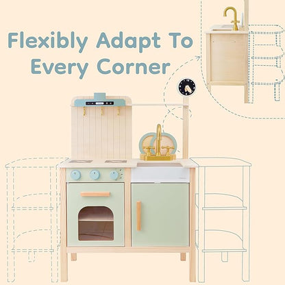 Play Kitchen for Kids, Wooden Toy Play Kitchen Chef Pretend Play Set for Toddlers with Stove, Oven, Utensils and Sink, Toys Kitchen with Cookware Accessories for 3+ Year Old Girls & Boys