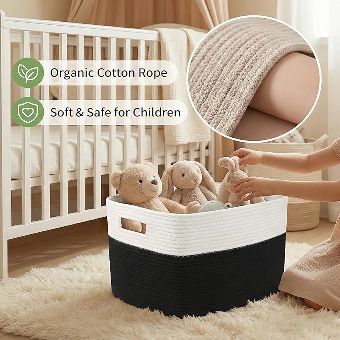 JMvicyroam Woven Blanket Basket,96L Large Storage Bin for Blankets Toys Clothes,Decorative Rope Basket for Living Room Bedroom with Handles, White&Black