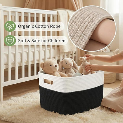 JMvicyroam Woven Blanket Basket,65L Large Storage Bin for Blankets Toys Clothes,Decorative Rope Basket for Living Room Bedroom with Handles, White&Black