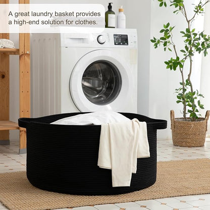 OIAHOMY 90L Blanket Basket for Living Room, Large Basket 23" x 23" x 13" with Handle, Laundry Hamper for Blankets, Pillows, Toy Storage for Kids, Dogs - Black