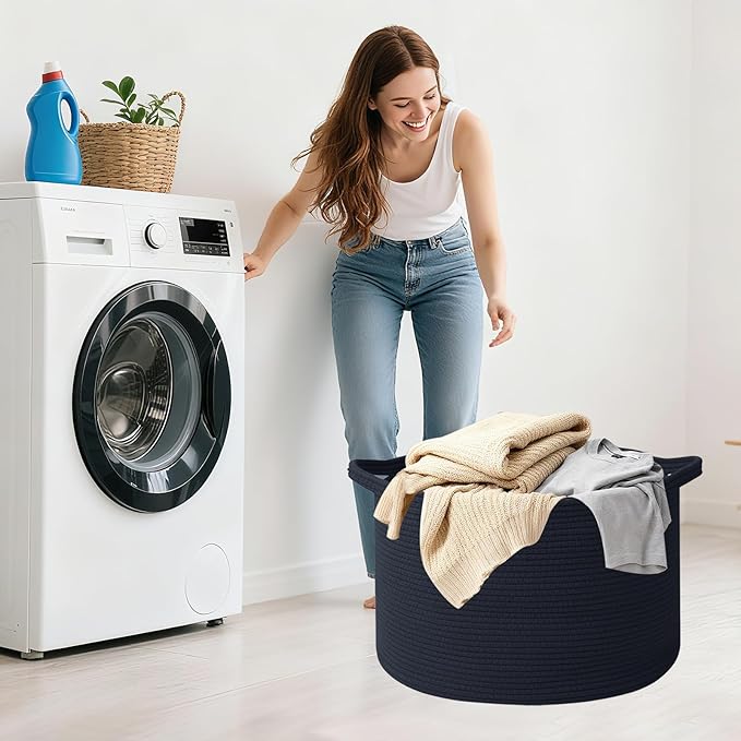 65L Large Blanket Basket,Cotton Rope Woven Storage Basket with Handles, Laundry Hamper for Toys, Clothes, Pillows & Towels, Perfect for Living Room, Nursery & Bedroom,Navy