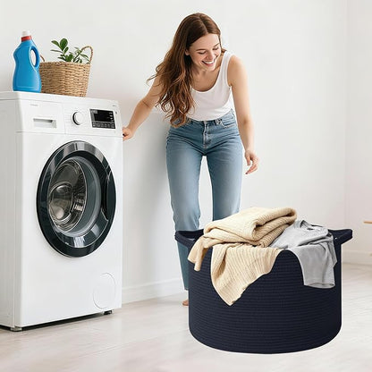 65L Large Blanket Basket,Cotton Rope Woven Storage Basket with Handles, Laundry Hamper for Toys, Clothes, Pillows & Towels, Perfect for Living Room, Nursery & Bedroom,Navy