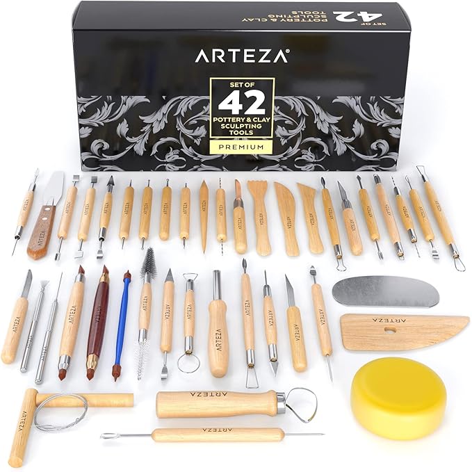 ARTEZA Pottery & Sculpting Tools, 42-Piece Clay Tools Set with Wooden Handles & Steel Tips for Polymer Clay, Ceramics, Carving, Modeling, Shaping & Smoothing