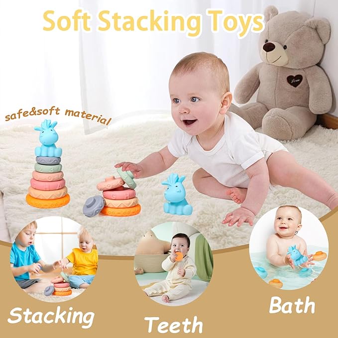 Montessori Baby Toys 6-18 months,Sensory Shapes & Storage Bin,Stacking Toys,Dinosaur Phone,Suction Cup Spinner Toy,Cloth Book,Infant Bath Time Fun,6 in 1 Toddlers Toy Gifts for 1-3 Year Old Boys Girls