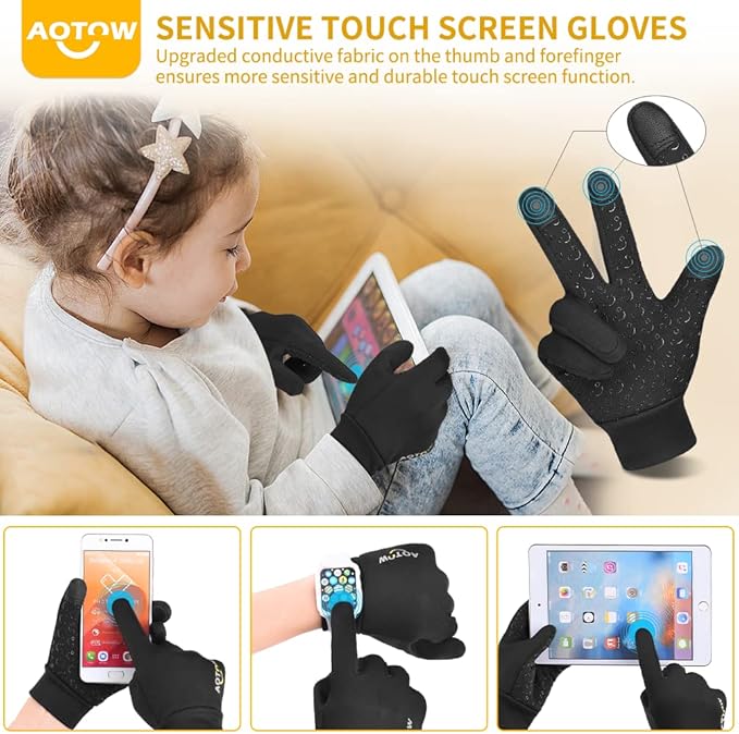 Kids Winter Warm Sports Gloves - Cold Weather Water-Resistant Children Mittens Age 4 12 Years Boys Girls Black