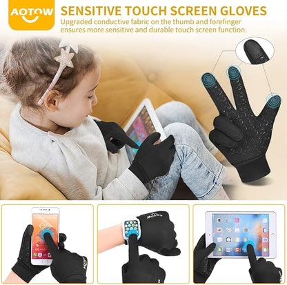 Kids Winter Warm Sports Gloves - Cold Weather Water-Resistant Children Mittens Age 4 12 Years Boys Girls Black