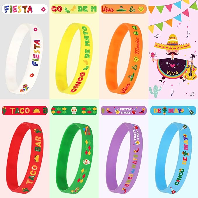 JUNEBRUSHS 42pcs Mexican Fiesta Silicone Bracelets Cactus Guitar Hat Rubber Wristbands Party Favors Accessories for Mexican Fiesta Birthday Party Decorations Gift (7 Designs)