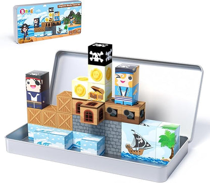 Bmag Magnetic Building Blocks for Kids,35 PCS Pirate-Themed Set, STEM Educational Magnet Toys for Kids Ages 3+, Travel Friendly Toys with Storage Box, Gifts for Boys and Girls
