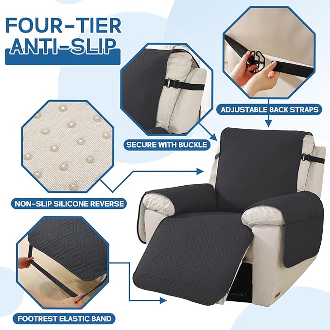 XINEAGE 100% Waterproof Recliner Cover, Non Slip Recliner Chair Cover with Elastic Band, Washable Recliner Slipcover with Storage Pockets for Kids, Pets (Black, 23")
