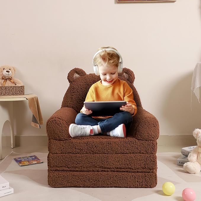 Foldable Kids Sofa, Sherpa Teddy Bear Toddler Couch with Tri Folding Foam Cushions, Comfy Kids Couch for Kids Age 3-6