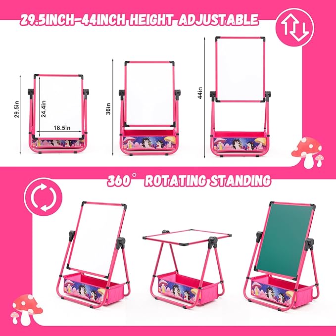 29.5inch-44inch Height Adjustable Whiteboard&Chalkboard Double Sided Easel 360°Rotating Standing Art Easel for Kids Suitable for Children Over 3 Years Old