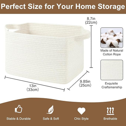 OIASKET Storage Basket for Organizing, Woven Baskets for Storage, Rectangle Decorative Baskets for Shleves, Closet, Toys, Books, Nursery Organizer Bins - Pack of 3 (White, 13"x9.85"x8.7")