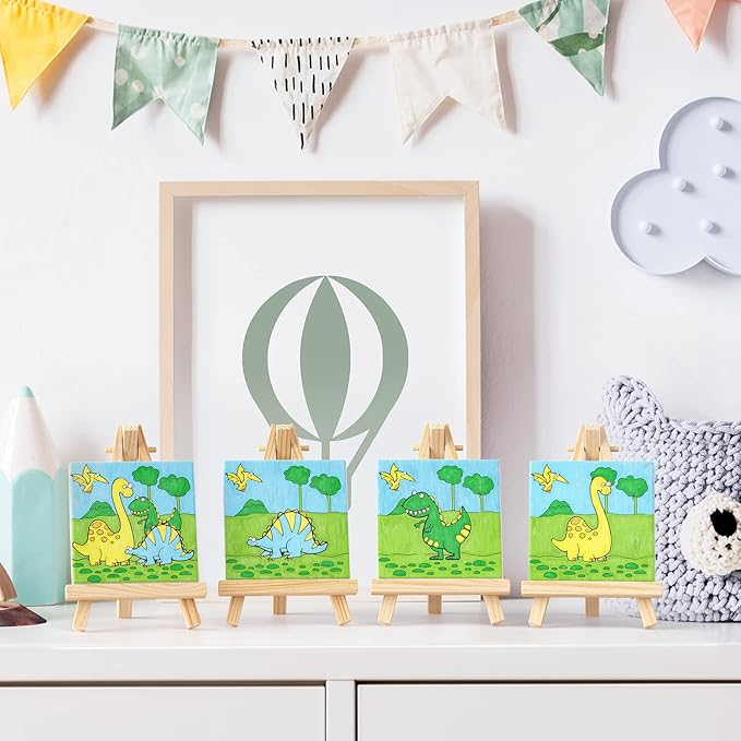 ARTEZA Kids Dinosaur Painting Kit, 4 Canvases 3 x 3 Inches, 4 Easels, 12 Acrylic Paints, 2 Paint Brushes, 1 Palette, Kids Activities for Ages 6 and Up