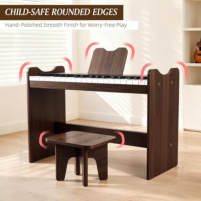 Kids Piano Keyboard, 37 Keys Digital Wood Piano with Stool Musc Stand Toddler Music Educational Instrument Toy, Xmas Birthday Gifts for 3+ Girls Boys