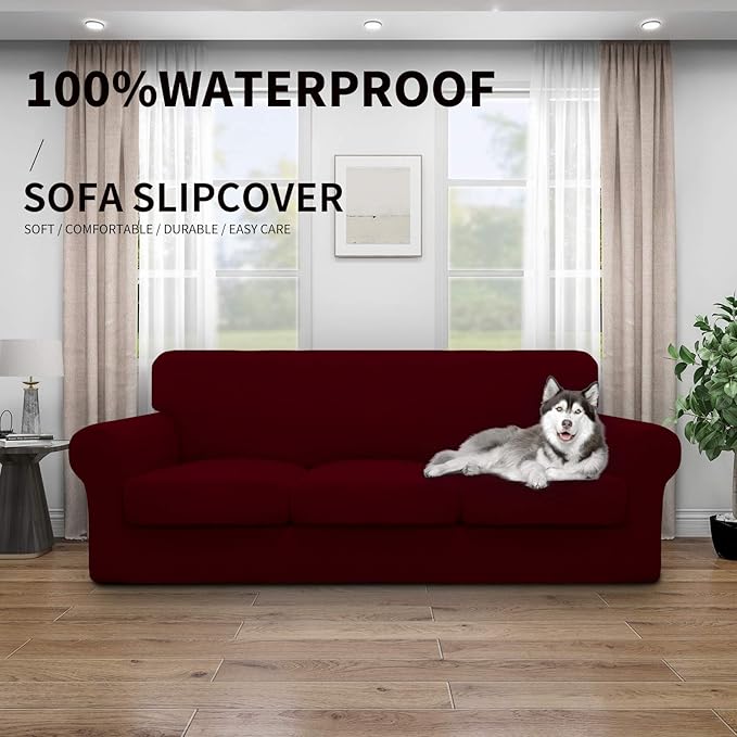 Easy-Going 100% Dual Waterproof Oversized Cover Stretch Soft Couch Cover for Dogs, Sofa Slipcover for 3 Separate Cushion Couch Leakproof Furniture Protector for Kids, Pets Wine