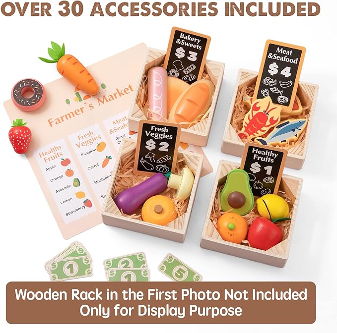 Tiny Land Wooden Play Food Sets for Kids Kitchen - 100% Wood 43 Pieces Kids Toy Food for Toddlers 3+ Year Old, Pretend Food Play Kitchen Accessories Set for Boys and Girls