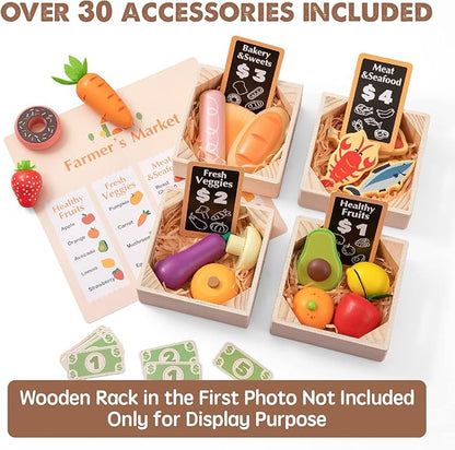 Tiny Land Wooden Play Food Sets for Kids Kitchen - 100% Wood 43 Pieces Kids Toy Food for Toddlers 3+ Year Old, Pretend Food Play Kitchen Accessories Set for Boys and Girls