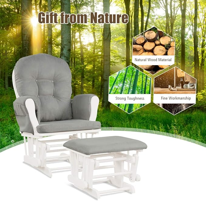 Costzon Nursery Glider with Ottoman, Upholstered Comfort Glider Rocker with Padded Cushion, Storage Pocket, Solid Wood Base, Rocking Chair Nursery for Breastfeeding, Maternity, Napping (Light Gray)