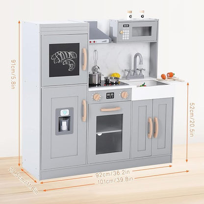 Play Kitchen for Kids, Wooden Play Kitchen with Toy Storage System, Toy Kitchen Set with Plenty of Play Features, Gift for Ages 3+,Grey