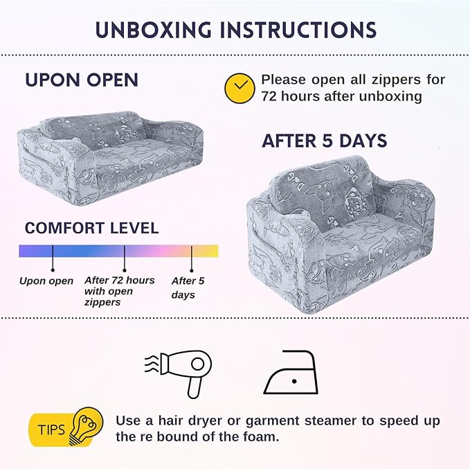 MeMoreCool Toddler Fold-Out Chair for Girls and Boys, Glow-in-The-Dark Soft Plush Kids Recliner, Convertible Folding Baby Couch for Playroom (Glowing Dogs)