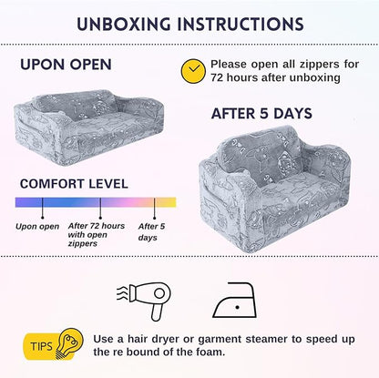 MeMoreCool Toddler Fold-Out Chair for Girls and Boys, Glow-in-The-Dark Soft Plush Kids Recliner, Convertible Folding Baby Couch for Playroom (Glowing Dogs)