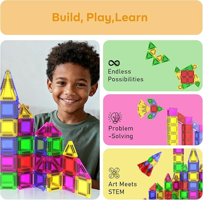 Mini Magnetic Tiles - 75 PCS Travel Magnetic Tiles, Micro Magnet Travel Toy for Kids Ages 3+, STEM Educational Building Set Construction Toys, Boys Girls Toddlers Birthdays Day Gifts
