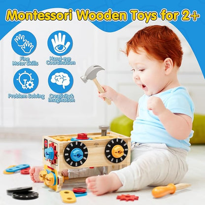 Montessori Kids Tool Set, Wooden Toddler Tool Bench Educational Toys for Ages 2-4, 2 Year Old Boy Gift for Birthday Christmas, STEM Pretend Play Tool Box, Learning Developmental Construction Toys
