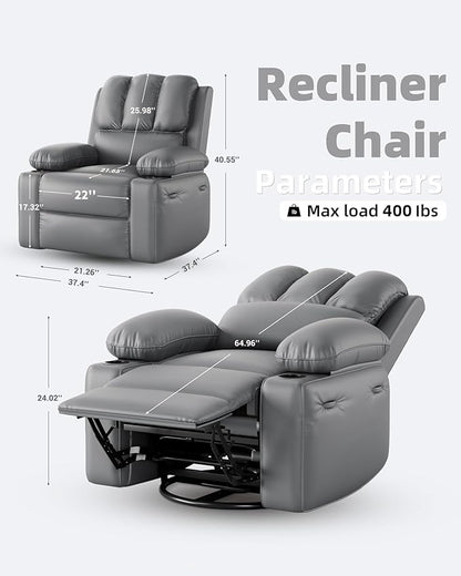 22'' Leather Recliner Chair for Adults, Overstuffed Manual Recliner Chair, Single Sofa with Cup Holder and Side Pockets, Upholstered Chair for Living Rooms, Gray