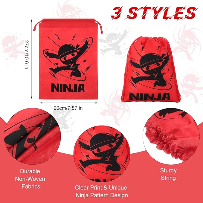 Cindeer 18 Set Ninja Party Favors, Includes Ninja Theme Drawstring Bags, Stretchy Flying Ninjas and Stars Slingshots Stretch Toys, Slap Bracelets for Karate Ninja Birthday Party Favor Supplies