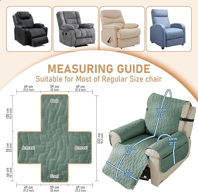 100% Waterproof Recliner Chair Covers for Reclining Chair, Small Recliner Covers That Stay in Place, Non-Slip Recliner Armchair Cover with Pockets for Kids, Pets, Dogs, Cat, Washable,Green,23I