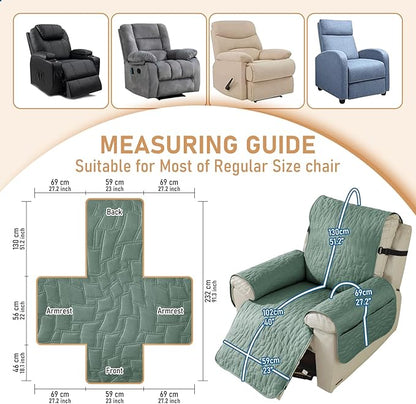 100% Waterproof Recliner Chair Covers for Reclining Chair, Small Recliner Covers That Stay in Place, Non-Slip Recliner Armchair Cover with Pockets for Kids, Pets, Dogs, Cat, Washable,Green,23I