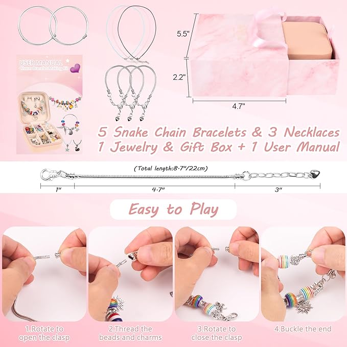 UFU Charm Bracelet Making Kit - Girls 95 Pcs DIY Beaded Jewelry Making Kit, Unicorn & Mermaid Gifts for Girls Crafts for Girls Ages 5 6 7 8-12, with a Portable Bracelet Organizer Box