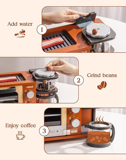 ROBUD Toddler Kitchen Playset - Wooden Breakfast Set with Coffee Maker, Toaster, Griddle, Play Food - Realistic Pretend Play Kitchen Appliance and Accessories for Kids Ages 3+ Boys and Girls (Caramel)