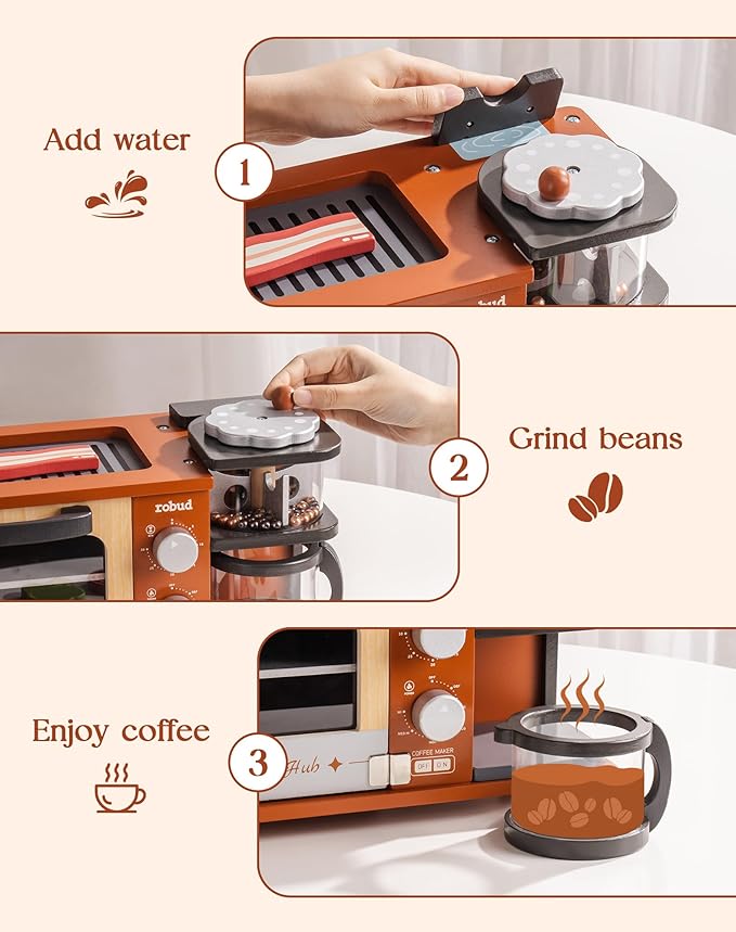 ROBUD Toddler Kitchen Playset - Wooden Breakfast Set with Coffee Maker, Toaster, Griddle, Play Food - Realistic Pretend Play Kitchen Appliance and Accessories for Kids Ages 3+ Boys and Girls (Caramel)