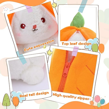 MIAODAM 13.7 inch Easter Bunny Stuffed Animal, Kawaii Squishy Cute Easter Bunny Plush Turn Into Rabbit Fruit Doll Carrot Strawberry Pillow, Plushies Funny Bunny Toy for Baby