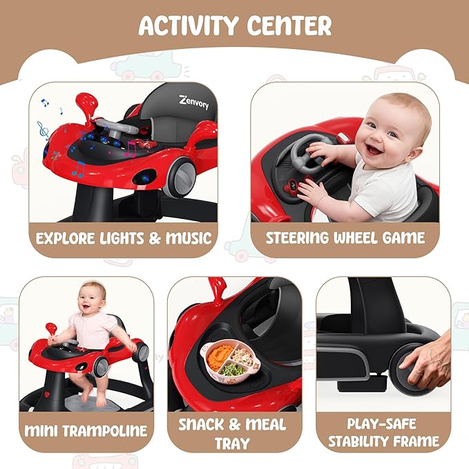 6 in 1 Foldable Baby Walker, Activity Baby Walker-Baby Bouncer, Rocker, Activity Center,Push Walker,Detachable Trampoline Mat, Adjustable Speed Rear Wheels and Height,Music & Lights,Ages 6-18 Months