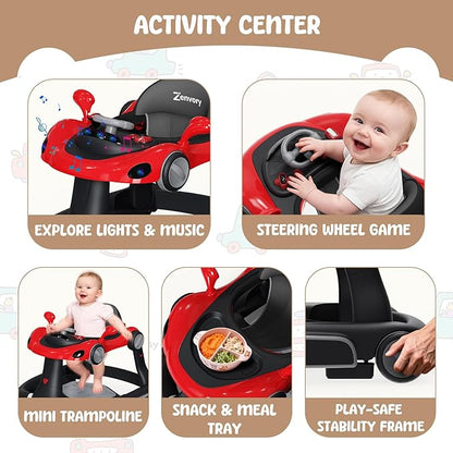 6 in 1 Foldable Baby Walker, Activity Baby Walker-Baby Bouncer, Rocker, Activity Center,Push Walker,Detachable Trampoline Mat, Adjustable Speed Rear Wheels and Height,Music & Lights,Ages 6-18 Months