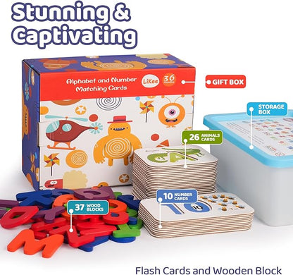 LiKee Alphabet Flash Cards Wooden Letter Puzzle ABC Sight Words Matching Games Counting Board Preschool Educational Montessori Toys for Toddlers Boys Girls 3+ Years (36 Cards& 37 Wood Pieces)