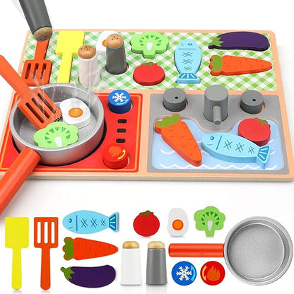 TOY Life Wooden Kitchen Sets for Kids, Wooden Play Food, Wooden Food Toys, Wooden Kitchen Toys, Wooden Play Set, Wooden Puzzles for Toddlers, Toy Cooking Set for Toddlers