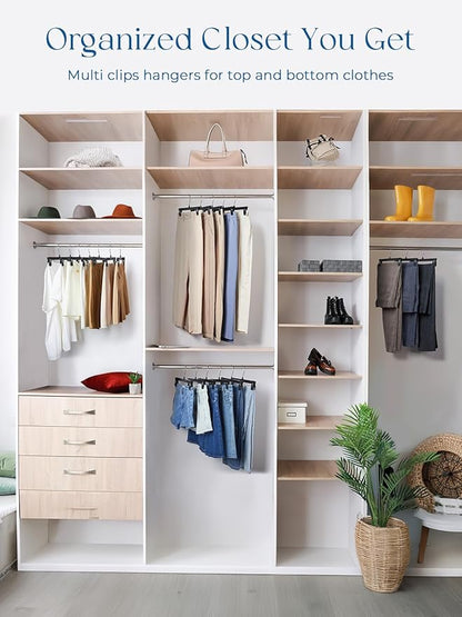 Smartor Space Saving Heavy Duty Hangers - 180 Pack, Slim Plastic Pants and Shorts Hangers, Ridged Non-Slip with Pinch Clips, 360-Rotating Chrome Swivel Hook, Black, 10 Inches