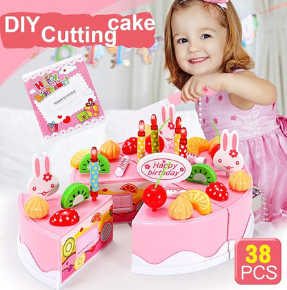 38 PCS DIY Cutting Birthday Party Cake Toy Pretend Play Kitchen Food Toys Set,DIY Fruit Cutting Kitchen Toys Pink/Blue Cut Cake Toys for Girls Boys Gift (38PCS Pink)