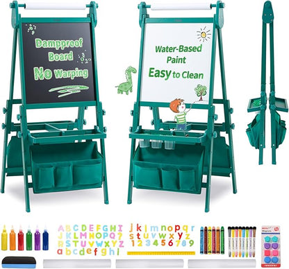 FUNLIO Foldable Anti-Warping Kids Art Easel, 3 Height Adjustable Toddler Easel, All-in-One for Kids Aged 3-8 with Paper Roll, Standing Easel with Magnetic Chalkboard/Whiteboard - Viridian Foldable