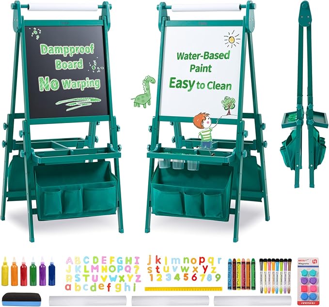 FUNLIO Foldable Anti-Warping Kids Art Easel, 3 Height Adjustable for Kids Aged 3-8, All-in-One Toddler Easel with Paper Roll, Standing Easel with Magnetic Chalkboard/Whiteboard - Green Foldable