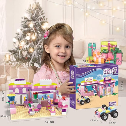 BRICK STORY Girls Friends Ice Cream Shop Building Set Pink Beach Ice Cream Dessert Store Building Blocks Toys with Beach Buggy Friends Beach Vacation Playset for Kids 6-12, 317 Pieces