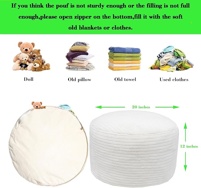 Pouf Ottoman Stuffed 20x20x12 Inches Floor Pouf Plush Fiber Ottoman Foot Rest Under Desk Foot Stool for Living Room Bedroom (White Stripe Pouf with Filler)