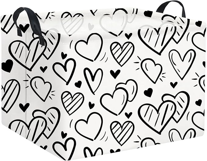 HIYAGON Rectangular Heart Basket Kids Baby Storage Bin Toy Basket Organizer Box for Girls Love Room Decor(Black Striped Heart)