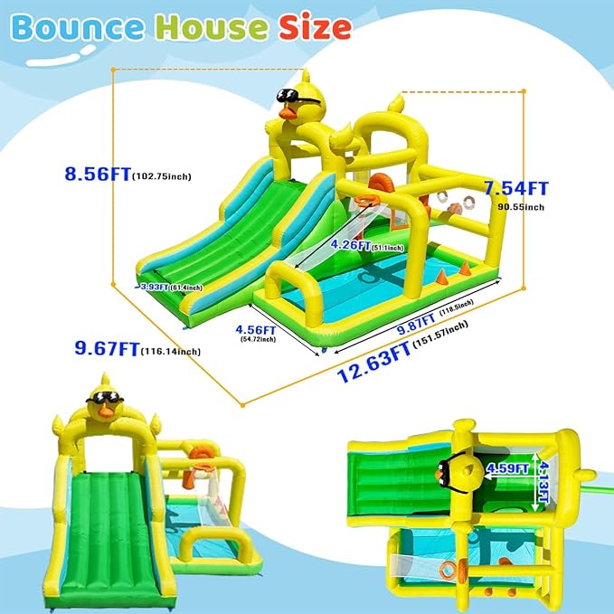 Baralir Duck-Themed Inflatable Bounce House with Extra Wide Slide & Climbing Wall, Basketball Hoop, Ring Toss, Punching Bag, 2-in-1 Splash Pool/Ball Pit - Indoor/Outdoor Jumping Castle for Toddlers